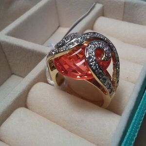 VINTAGE 1990s Suzanne Somers 925 Sterling Silver Gold Ring W/ Stone & Cubic Z.